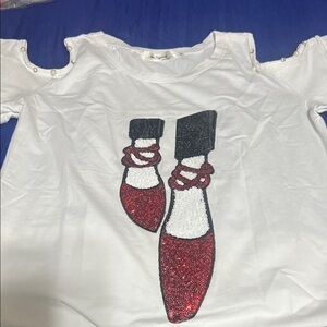 Women Cold-Shoulder Tee with Red Sequin Ballet Shoe Graphic